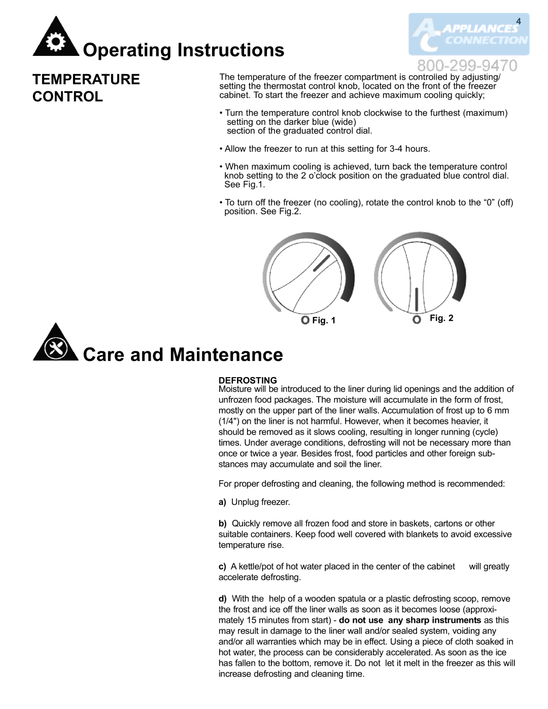 Danby DCF550W1 manual Care and Maintenance, Temperature Control, Defrosting 