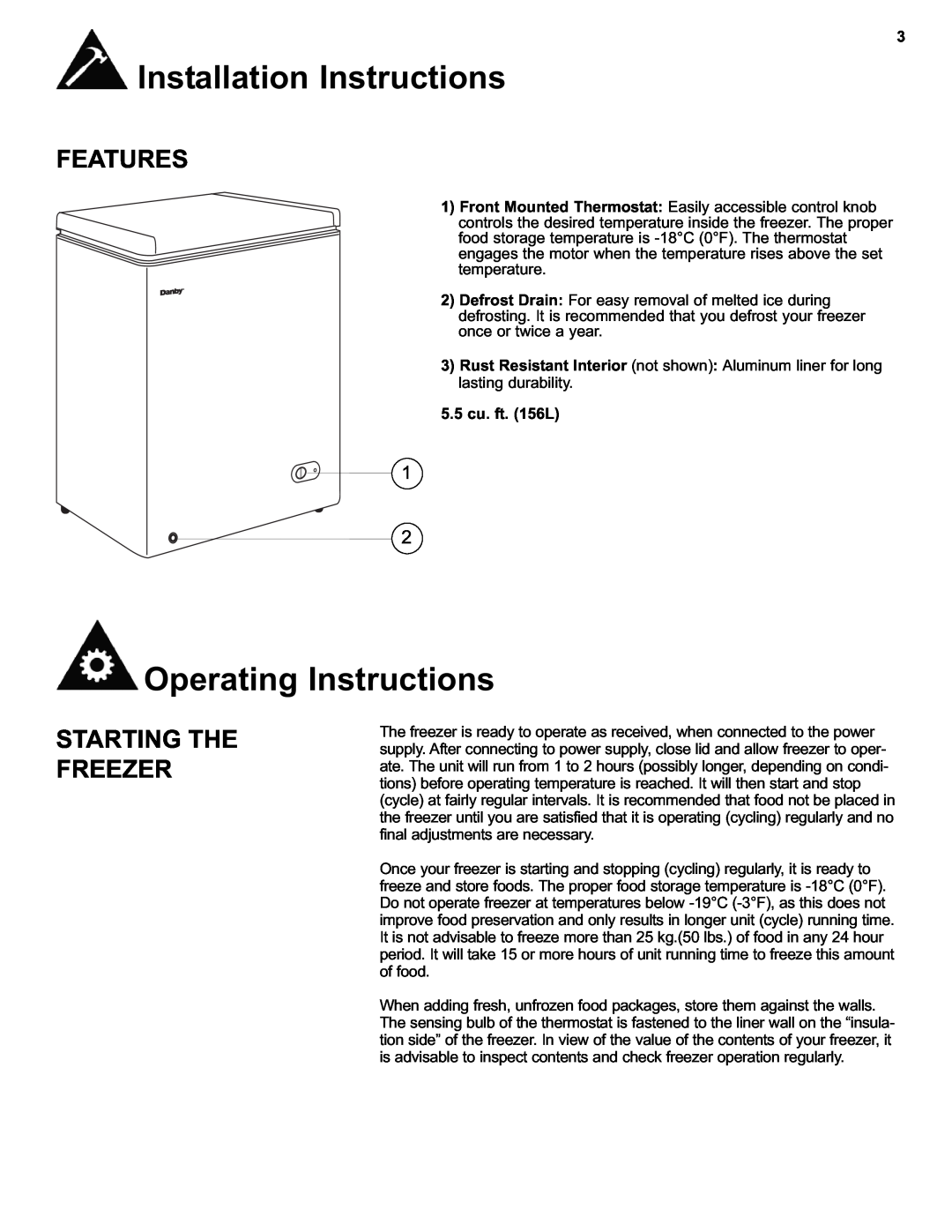 Danby DCF550W1 manual Operating Instructions, Features, Starting The Freezer, 5.5 cu. ft. 156L, Installation Instructions 