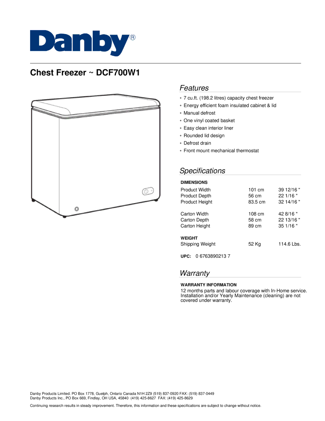 Danby specifications Chest Freezer ~ DCF700W1, Features, Specifications, Warranty 