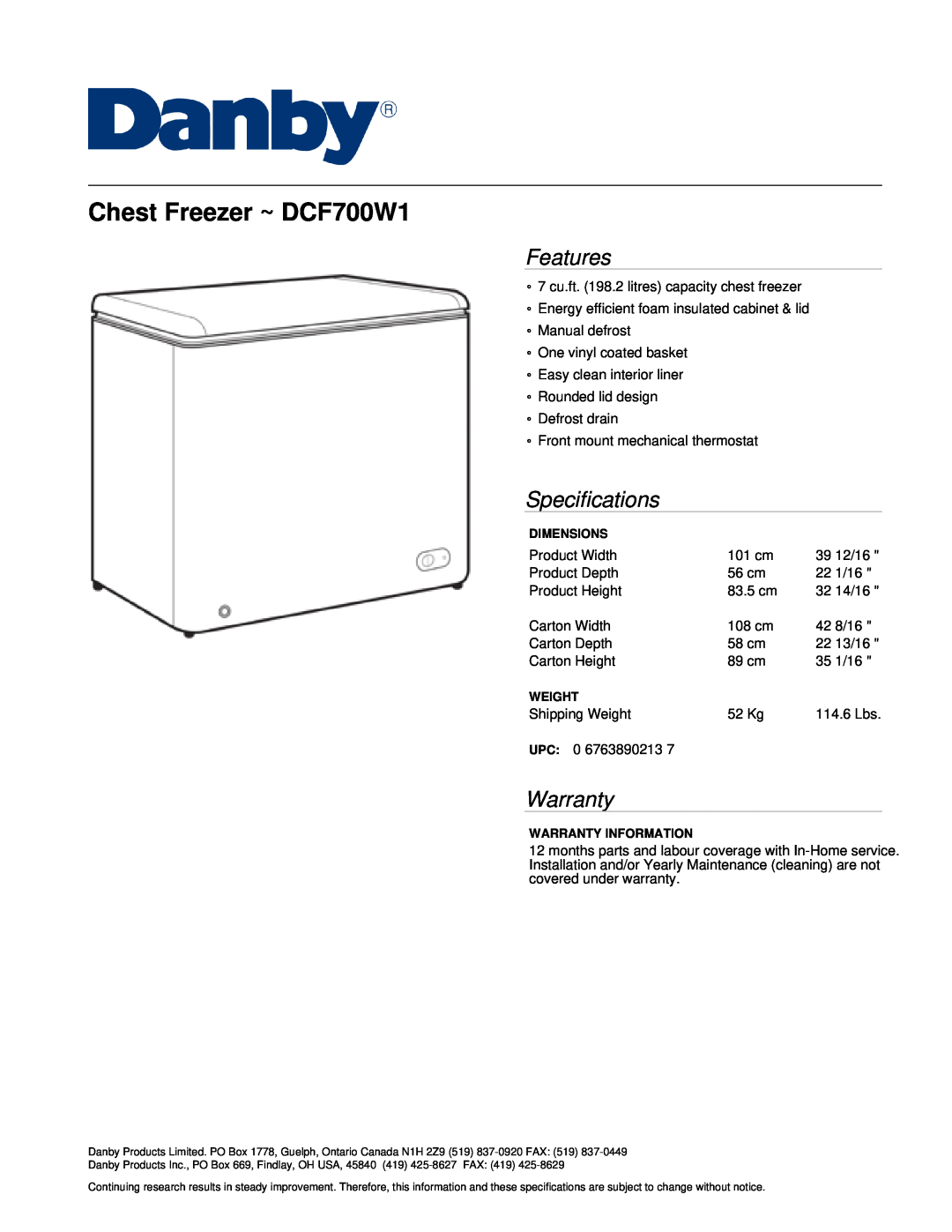 Danby specifications Chest Freezer ~ DCF700W1, Features, Specifications, Warranty 