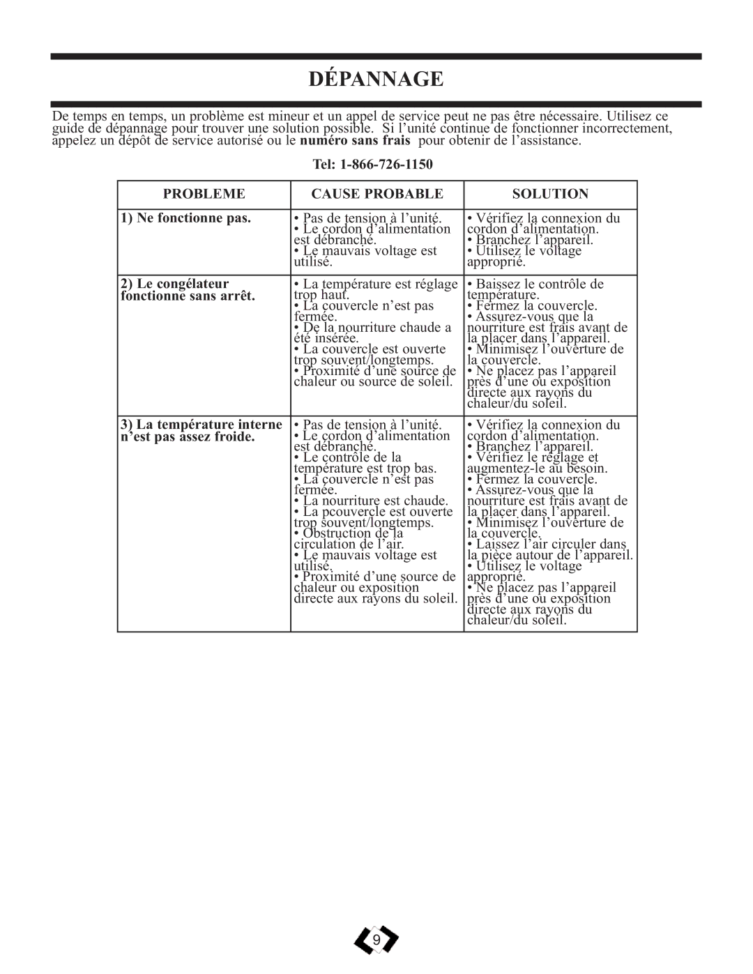 Danby DCFM102WSB important safety instructions Dépannage, Probleme Cause Probable Solution 