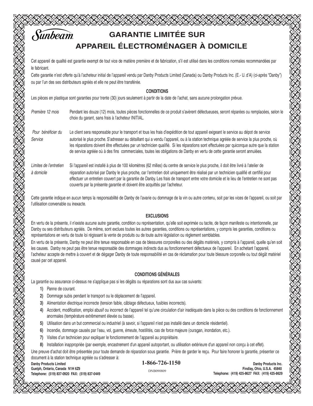 Danby DCFM102WSB important safety instructions Garantie Limitée SUR Appareil Électroménager À Domicile 