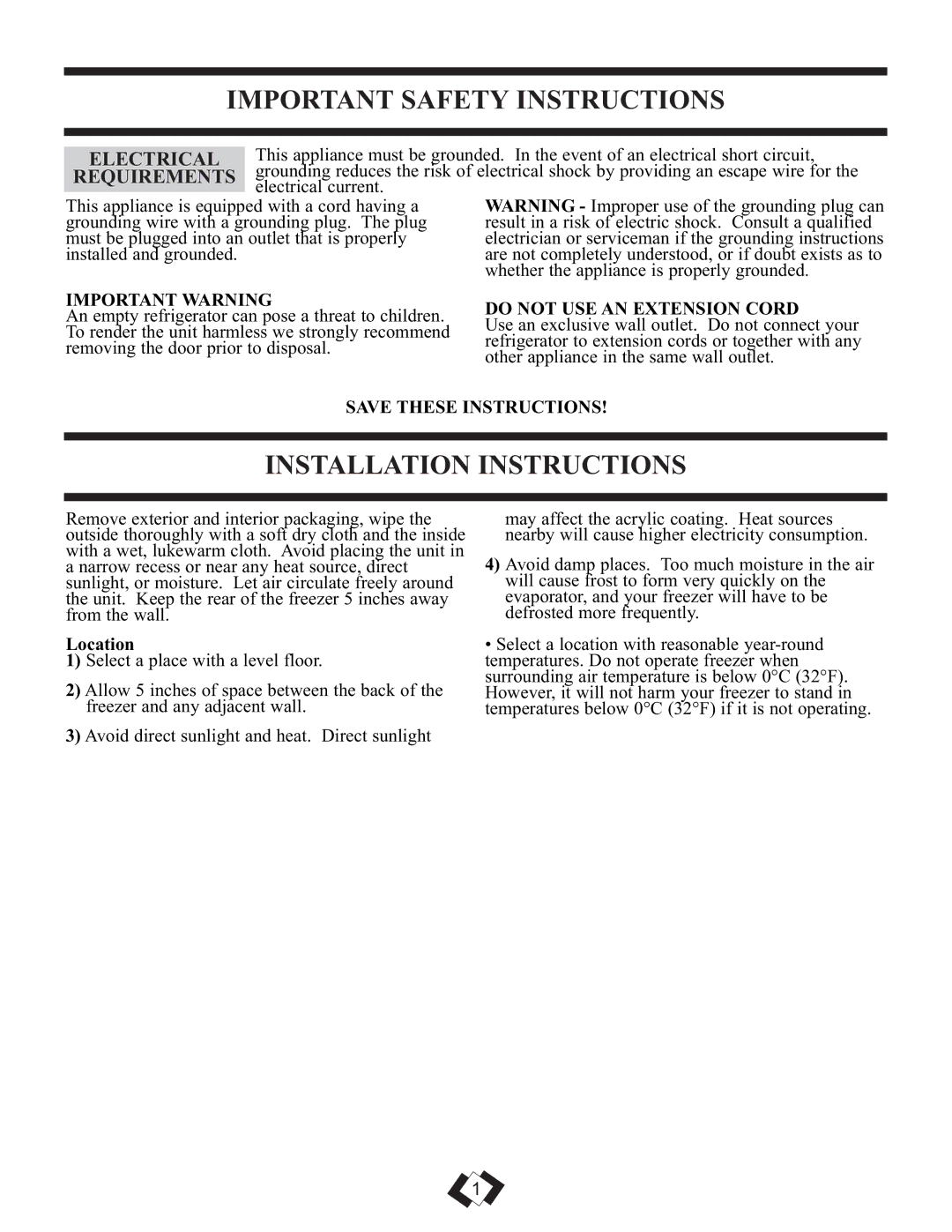 Danby DCFM102WSB Important Safety Instructions, Installation Instructions, Important Warning, Do not USE AN Extension Cord 