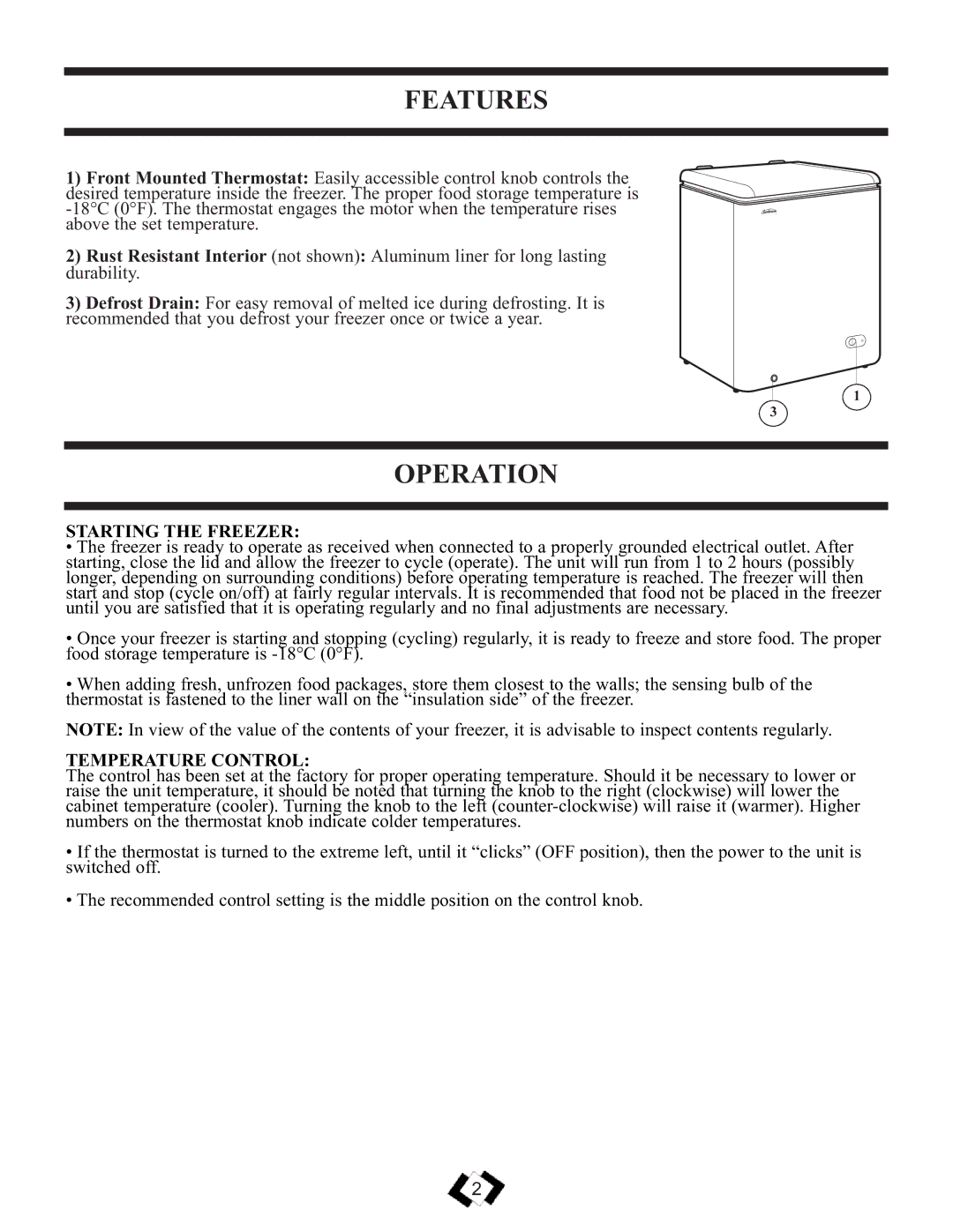 Danby DCFM102WSB important safety instructions Features, Operation, Starting the Freezer, Temperature Control 