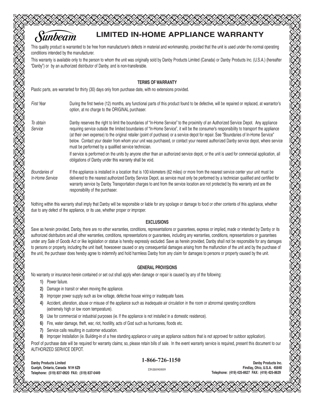 Danby DCFM102WSB important safety instructions Limited IN-HOME Appliance Warranty 