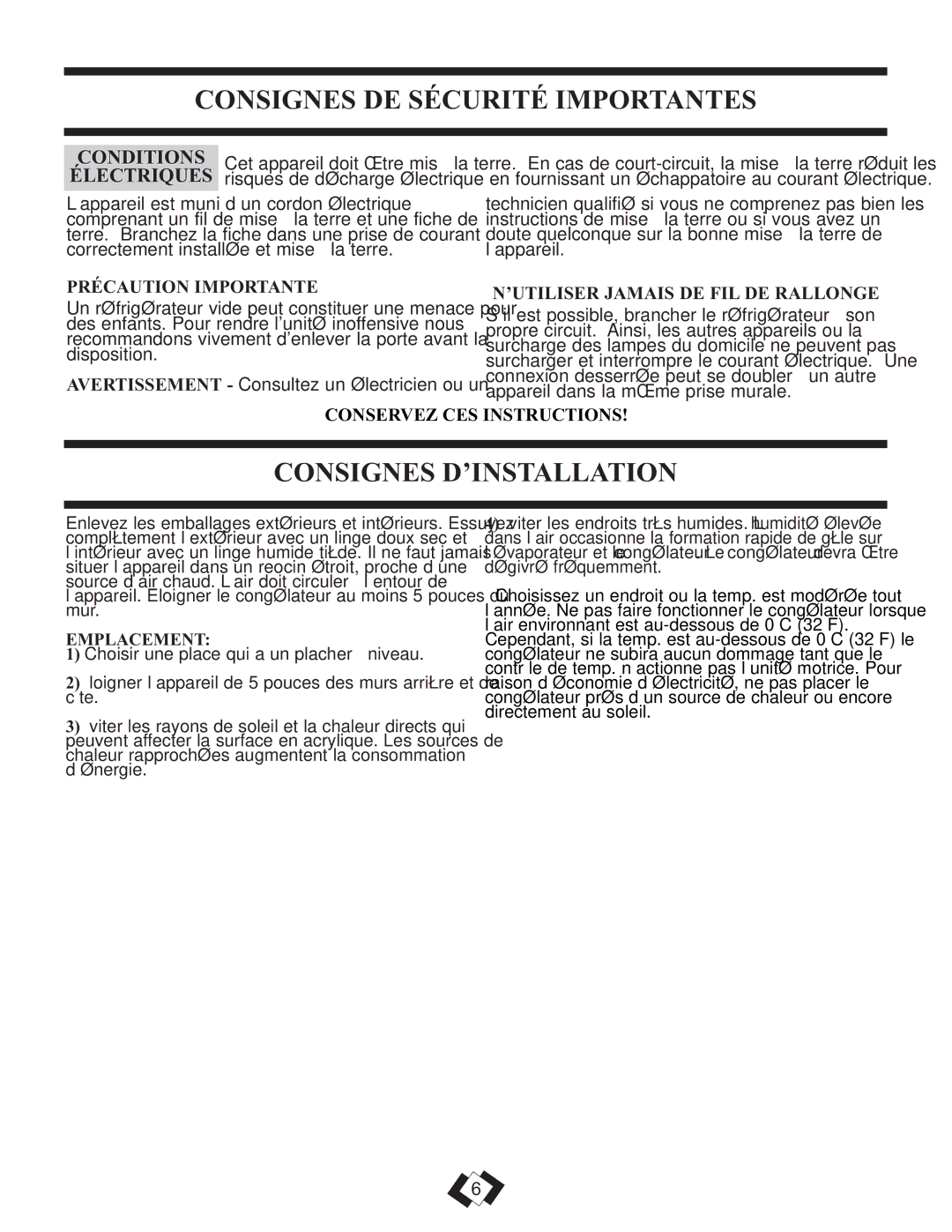 Danby DCFM102WSB Consignes DE Sécurité Importantes, Consignes D’INSTALLATION, Précaution Importante 