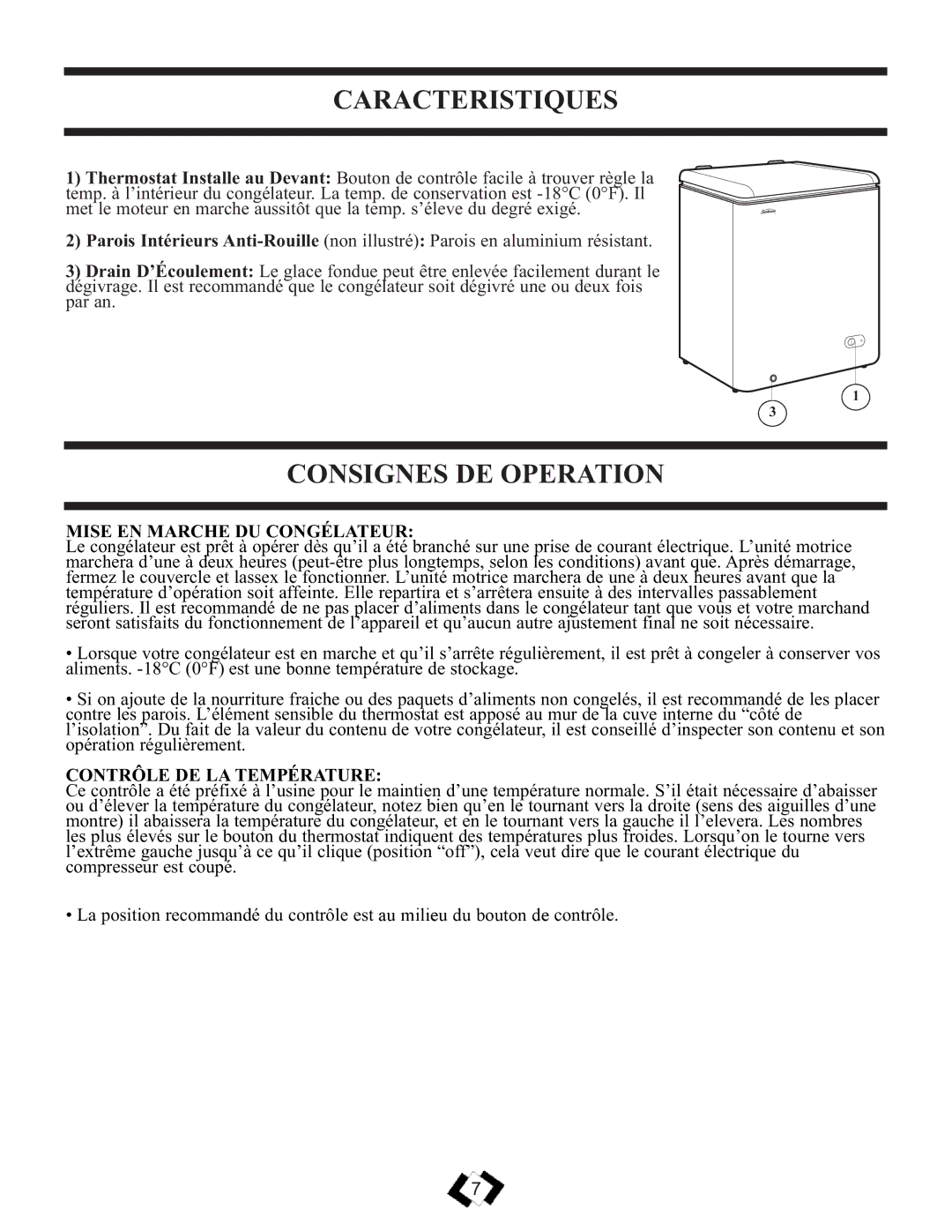 Danby DCFM102WSB Caracteristiques, Consignes DE Operation, Mise EN Marche DU Congélateur, Contrôle DE LA Température 