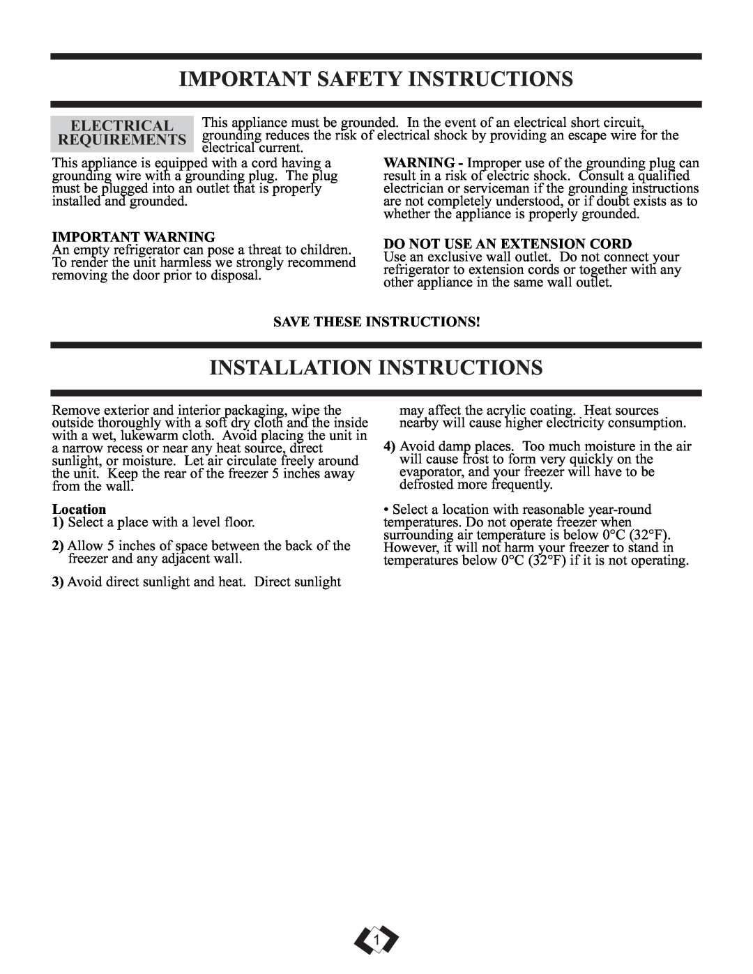 Danby DCFM102WSB Important Safety Instructions, Installation Instructions, Electrical, Requirements, Important Warning 