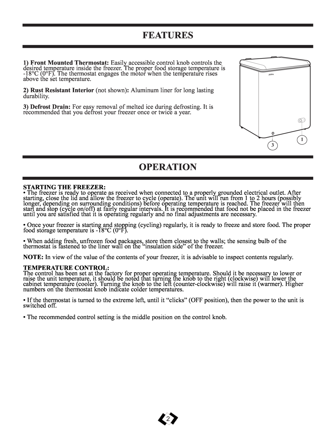 Danby DCFM102WSB important safety instructions Features, Operation, Starting The Freezer, Temperature Control 