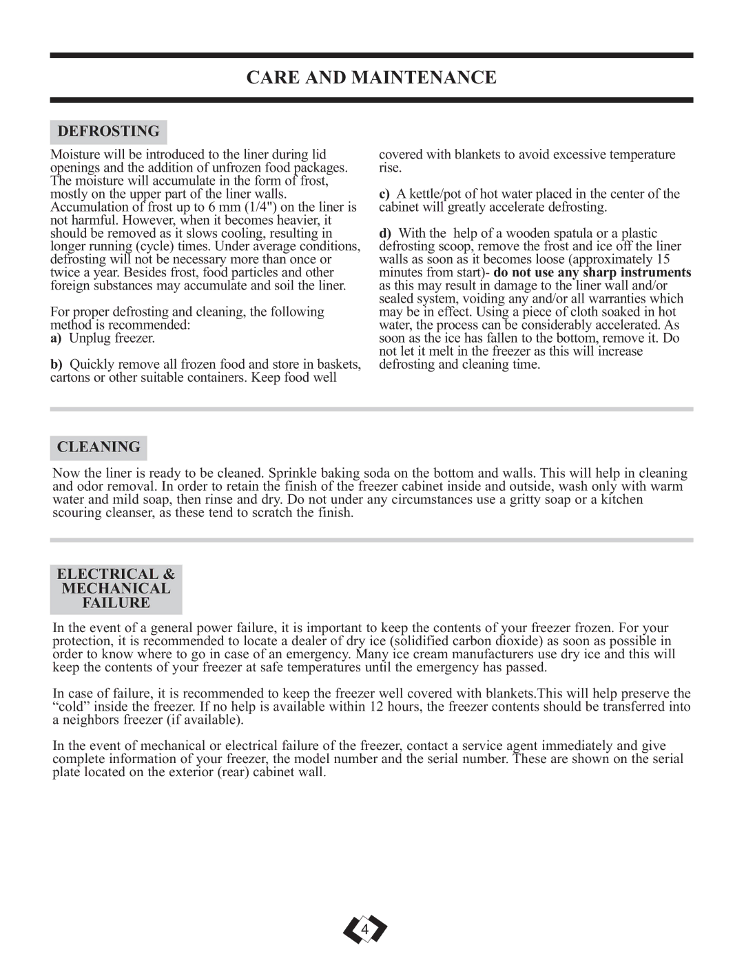 Danby DCFM246WDD manual Care and Maintenance, Defrosting, Cleaning, Electrical Mechanical Failure 