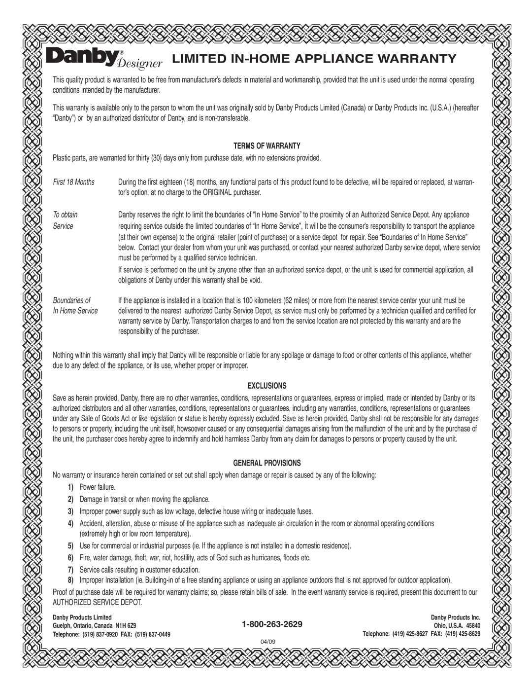 Danby DCFM246WDD manual Limited IN-HOME Appliance Warranty 