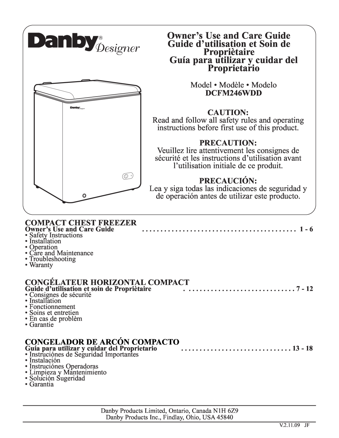 Danby DCFM246WDD manual Owner’s Use and Care Guide Guide d’utilisation et Soin de, Precaution, Precaución 