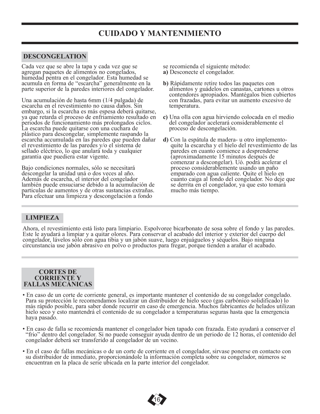 Danby DCFM289WDD manual Cuidado Y Mantenimiento, Descongelation, Limpieza, Cortes DE Corriente Y Fallas Mecánicas 