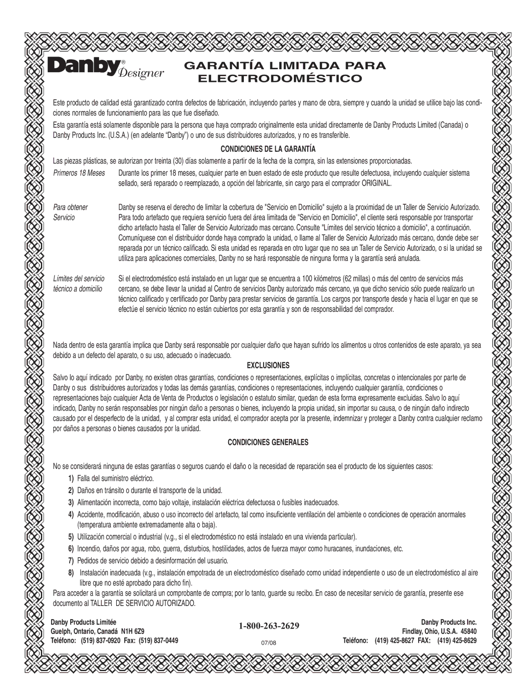 Danby DCFM289WDD manual Garantía Limitada Para Electrodoméstico 