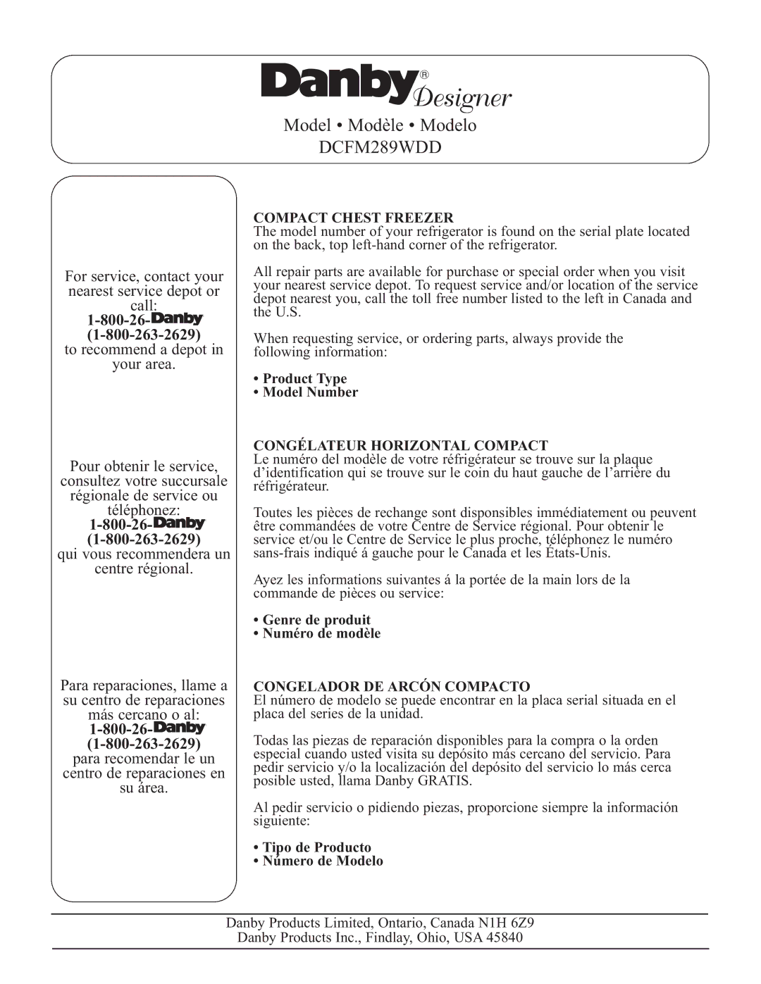 Danby DCFM289WDD manual Compact Chest Freezer, Congélateur Horizontal Compact, Congelador DE Arcón Compacto 