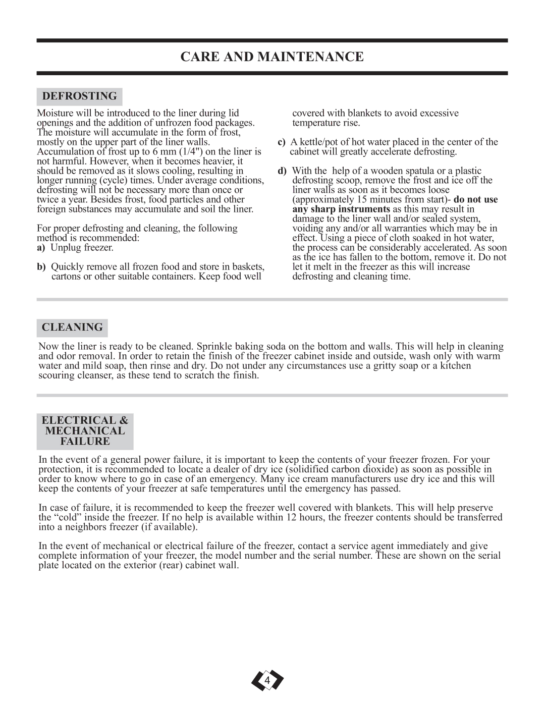 Danby DCFM289WDD manual Care and Maintenance, Defrosting, Cleaning, Electrical Mechanical Failure 