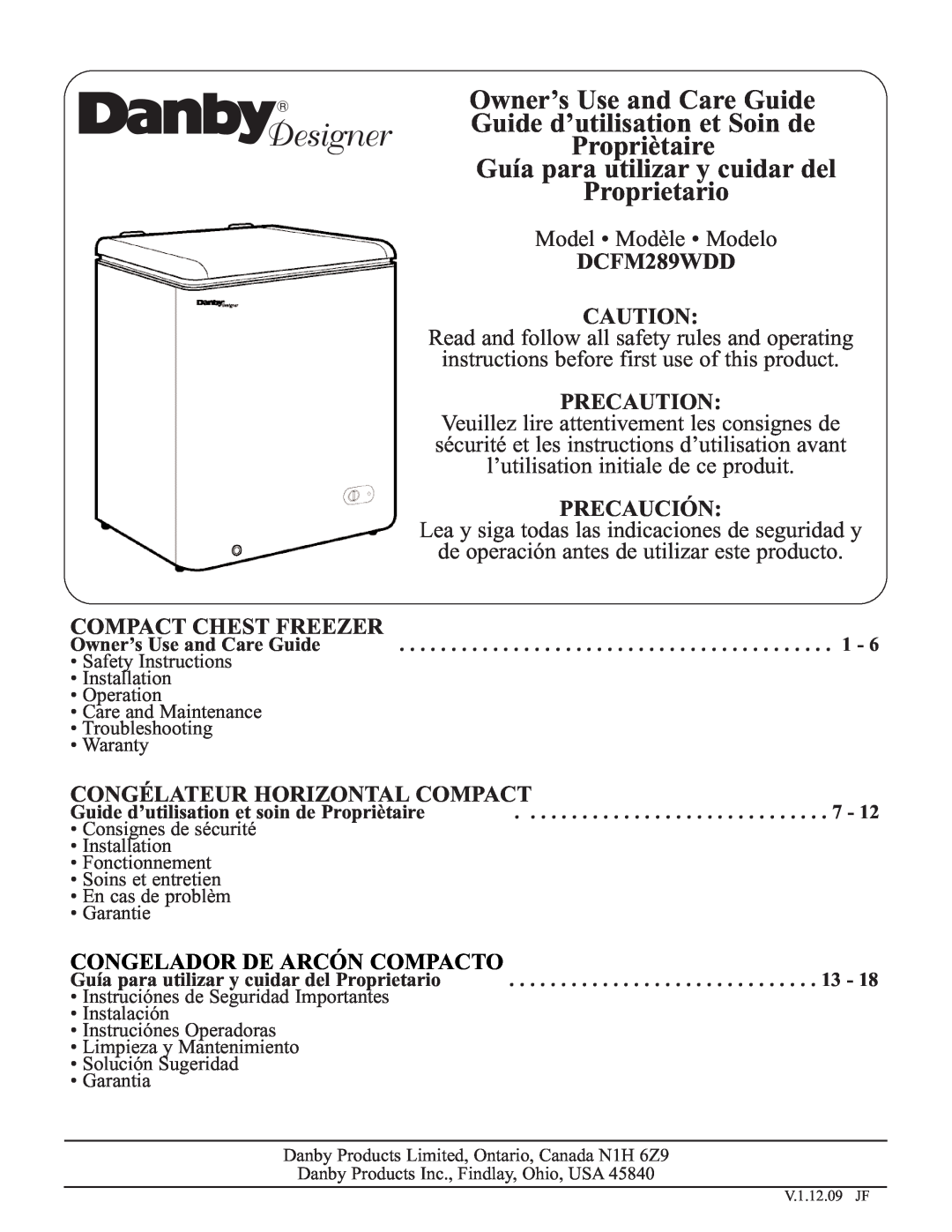 Danby DCFM289WDD manual Owner’s Use and Care Guide Guide d’utilisation et Soin de, Precaution, Precaución 
