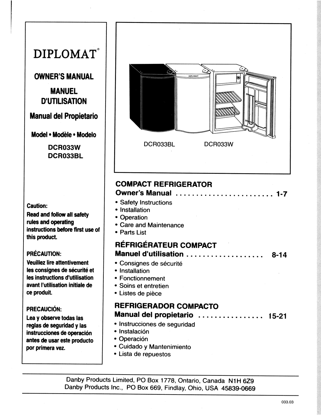 Danby DCR033BL manual 