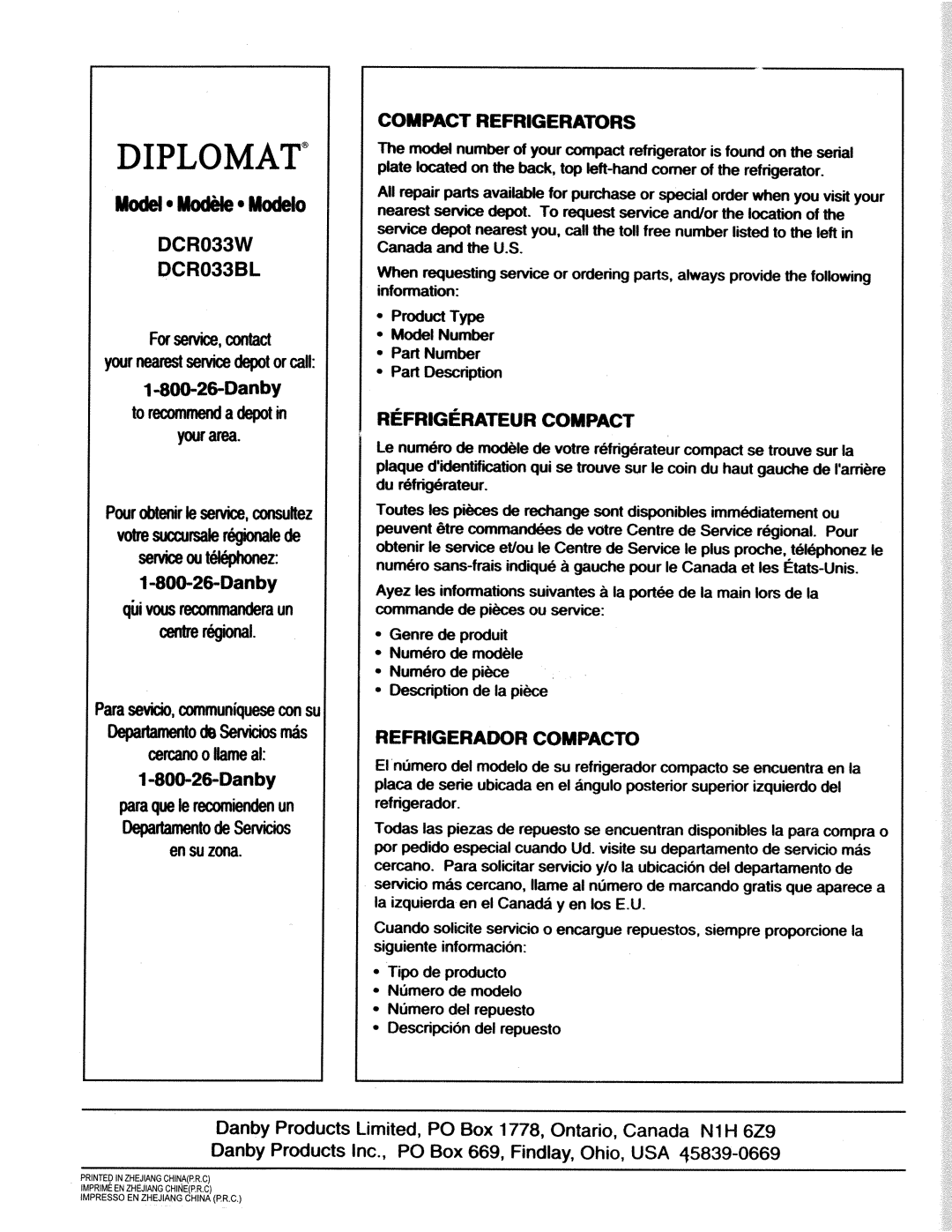 Danby DCR033BL manual 