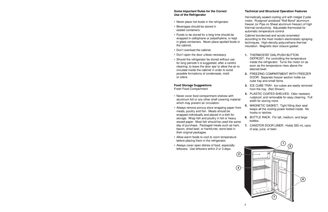 Danby DCR038W, DCR038BL owner manual Technical and Structural Operation Features, Food Storage Suggestions 