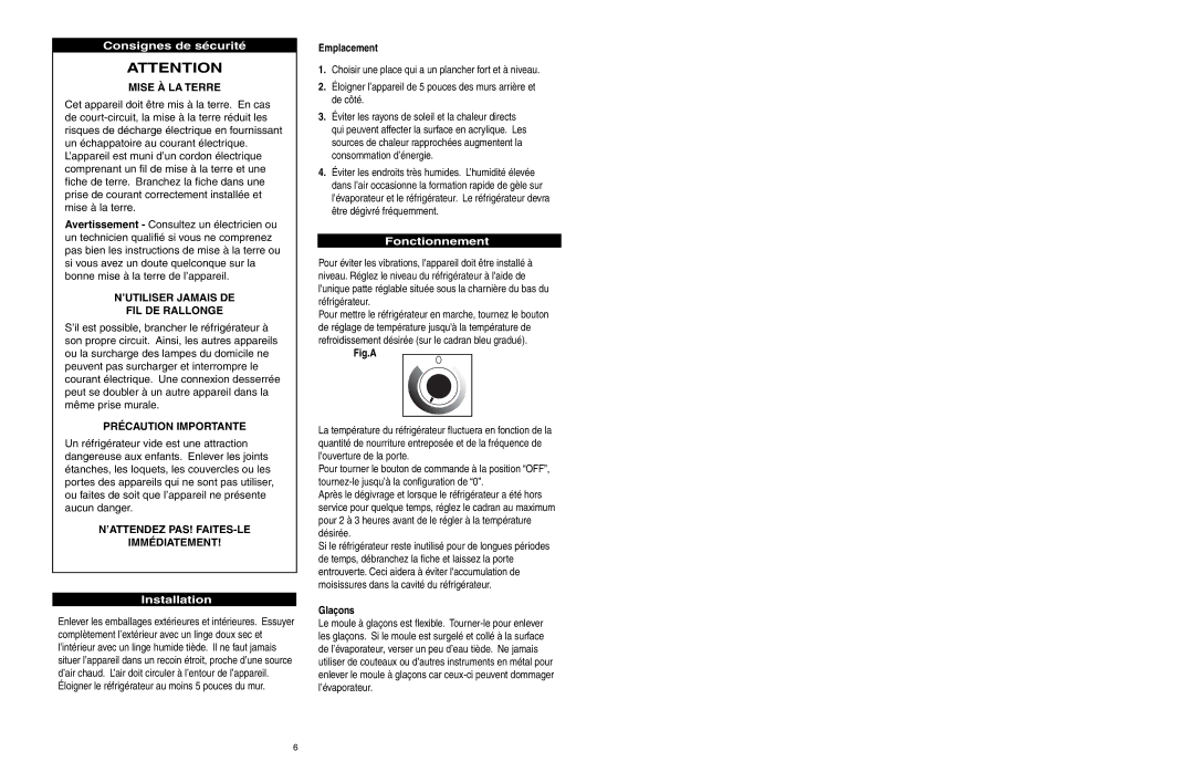 Danby DCR038W, DCR038BL owner manual Consignes de sécurité, Fonctionnement, Emplacement, Glaçons 