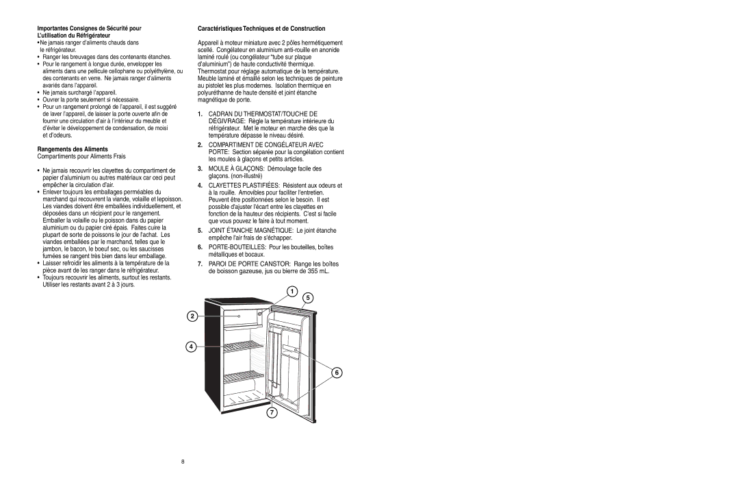 Danby DCR038W, DCR038BL owner manual Rangements des Aliments, Caractéristiques Techniques et de Construction 