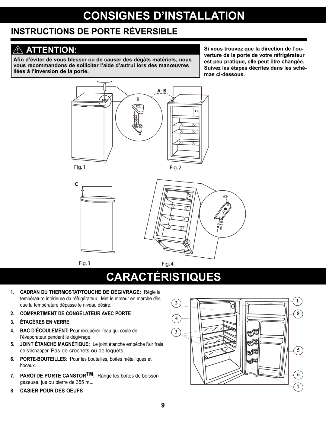 Danby DCR044A2BDD manual Caractéristiques, Instructions De Porte Réversible 