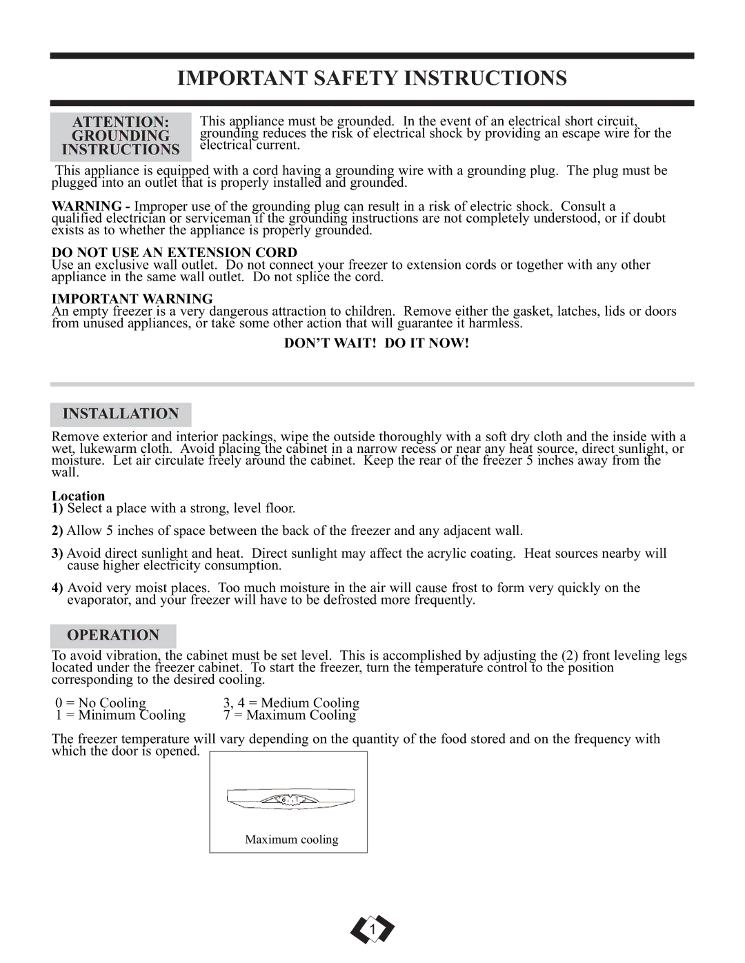 Danby DCR059WE, DCR059BLE warranty Important Safety Instructions, Grounding, Installation, Operation 