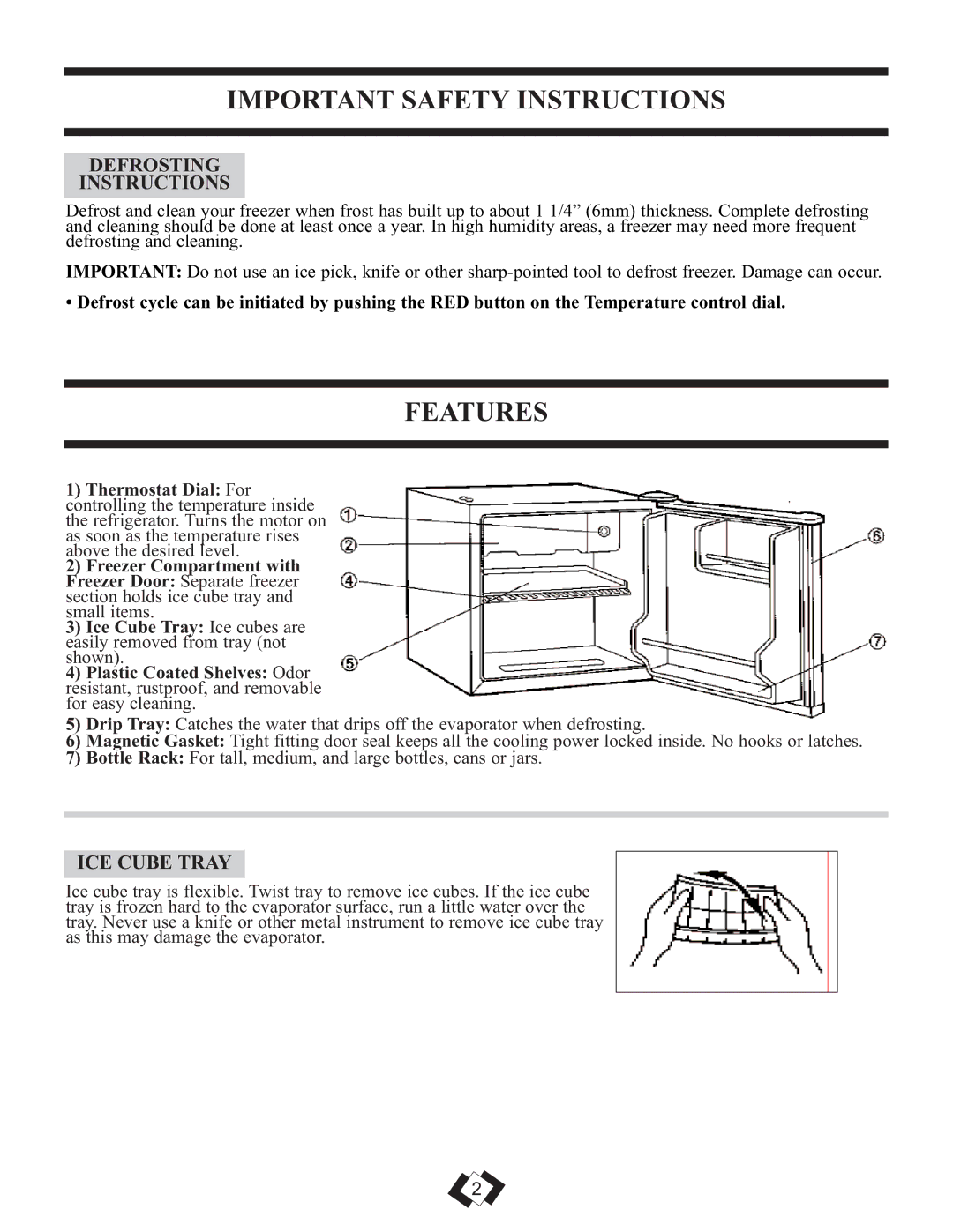 Danby DCR059BLE, DCR059WE warranty Features, Defrosting Instructions, ICE Cube Tray 