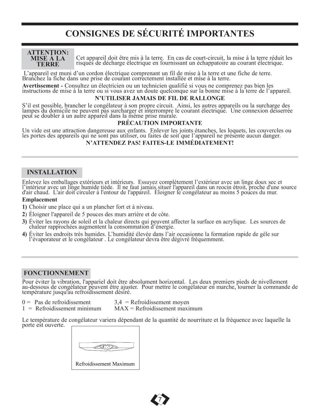 Danby DCR059BLE, DCR059WE warranty Consignes DE Sécurité Importantes, Mise À LA, Terre, Fonctionnement 