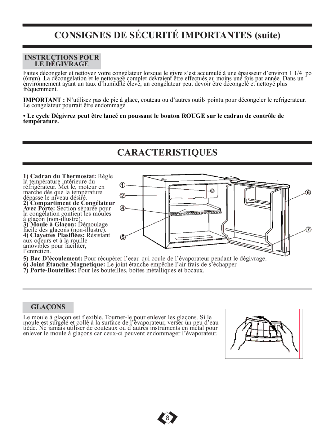 Danby DCR059WE, DCR059BLE warranty Caracteristiques, Instructions Pour LE Dégivrage, Glaçons 