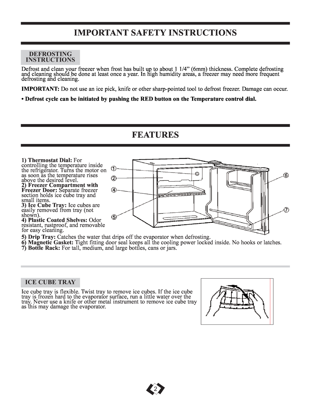Danby DCR059BLE, DCR059WE warranty Features, Important Safety Instructions, Defrosting Instructions, Ice Cube Tray 