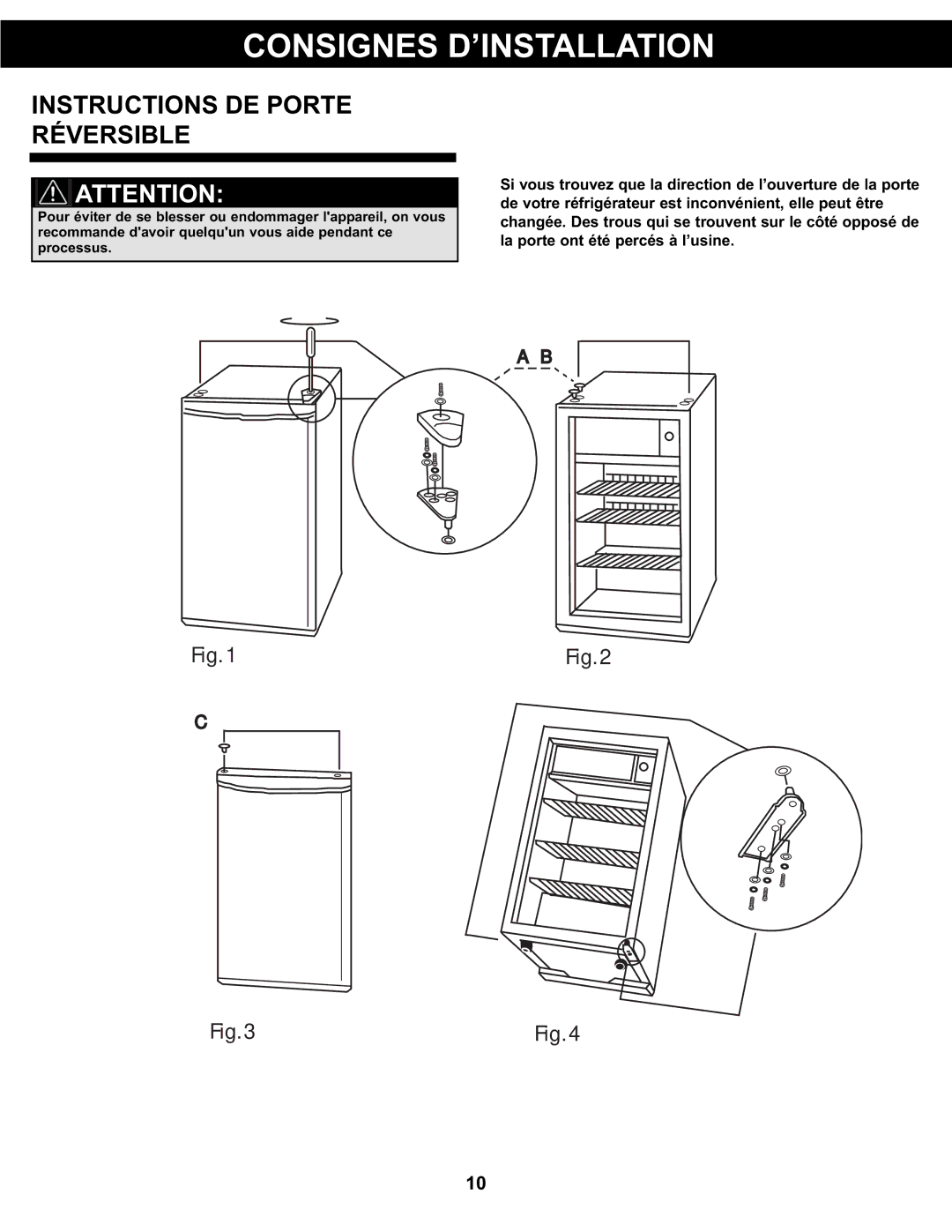 Danby DCR122BLDD manual Instructions DE Porte Réversible 