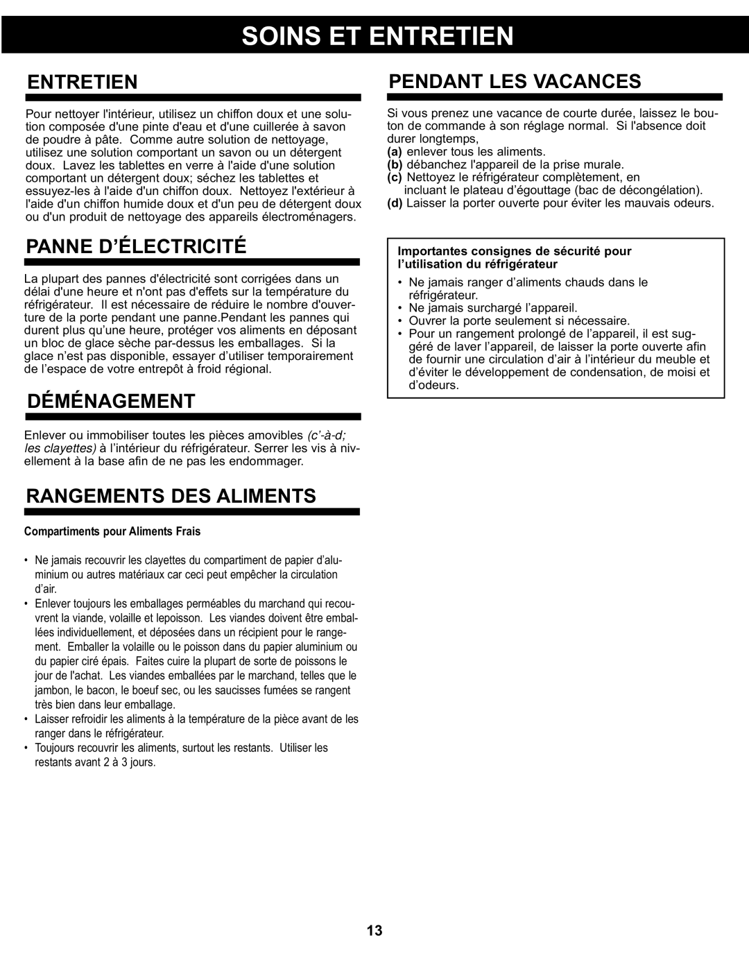 Danby DCR122BLDD manual Entretien, Panne D’ÉLECTRICITÉ, Déménagement, Rangements DES Aliments, Pendant LES Vacances 