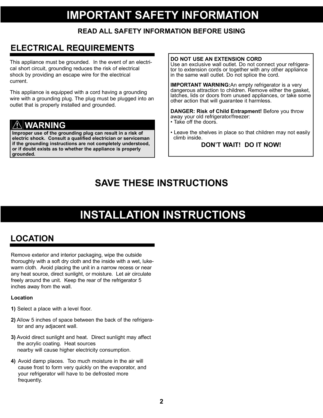 Danby DCR122BLDD manual Important Safety Information, Installation Instructions, Electrical Requirements, Location 