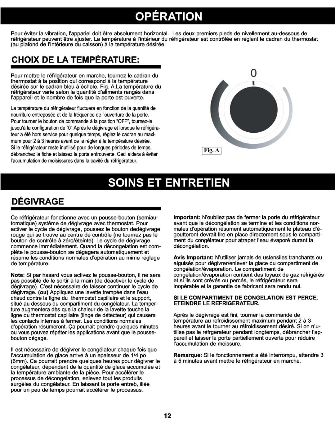 Danby DCR122BLDD manual Opération, Soins Et Entretien, Choix De La Température, Dégivrage, Fig. A 