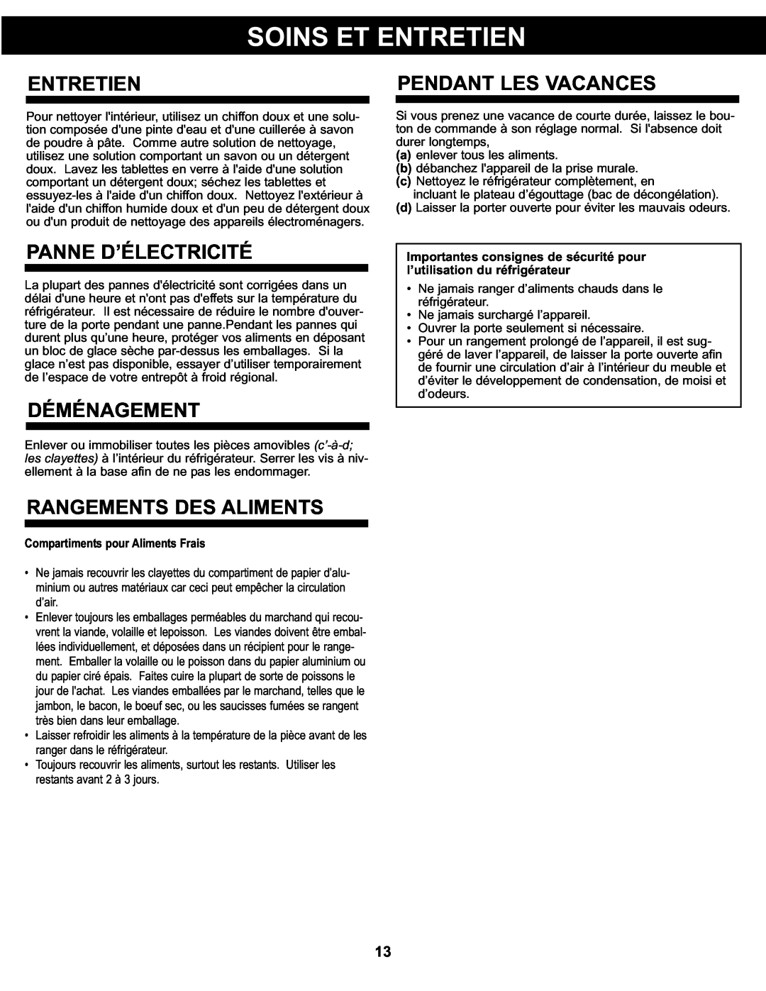 Danby DCR122BLDD manual Entretien, Panne D’Électricité, Déménagement, Rangements Des Aliments, Pendant Les Vacances 