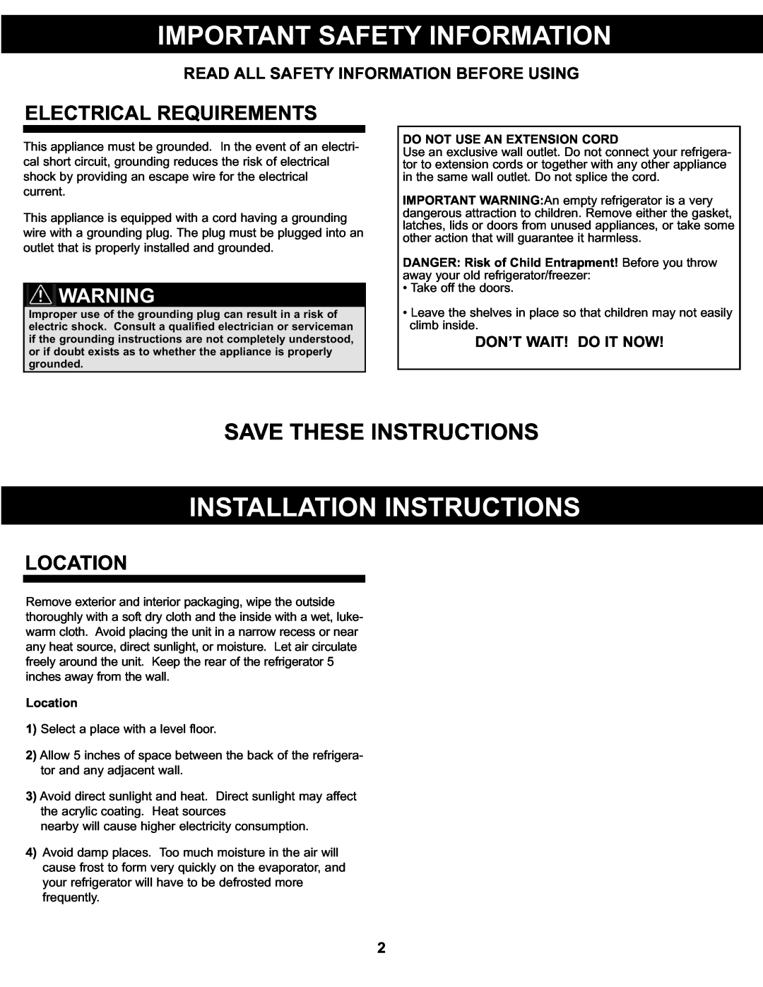 Danby DCR122BLDD Important Safety Information, Installation Instructions, Save These Instructions, Electrical Requirements 