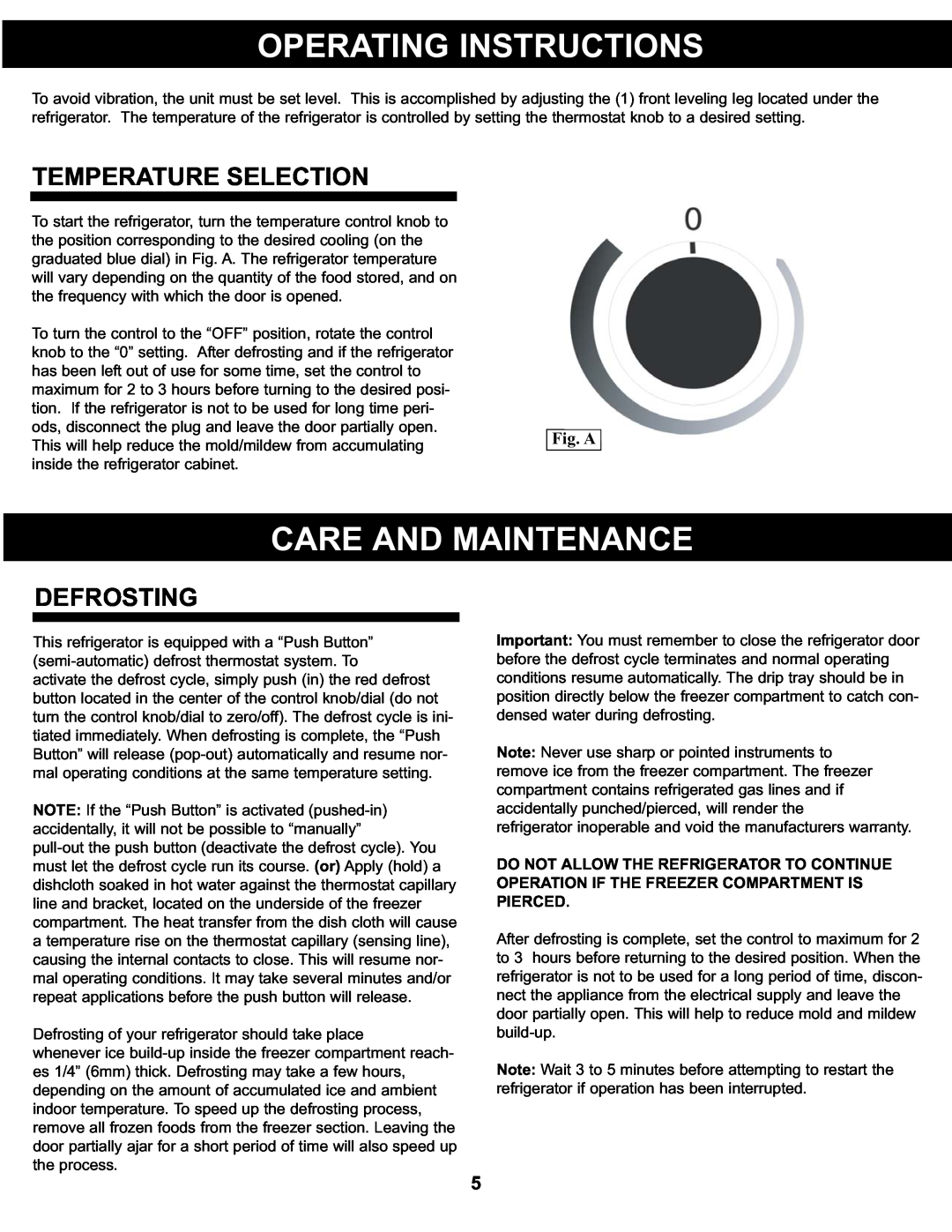 Danby DCR122BLDD manual Operating Instructions, Care And Maintenance, Temperature Selection, Defrosting, Fig. A 