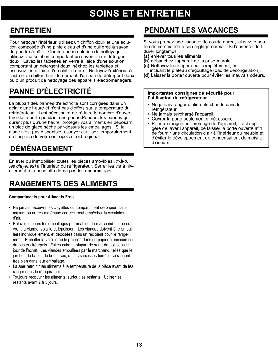 Danby DCR122BSLDD manual Entretien, Panne D’ÉLECTRICITÉ, Déménagement, Rangements DES Aliments, Pendant LES Vacances 