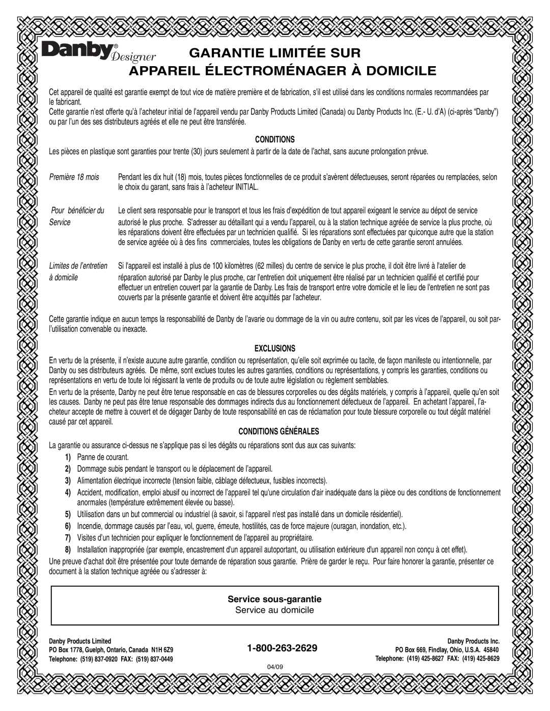 Danby DCR122BSLDD manual Garantie Limitée SUR Appareil Électroménager À Domicile 