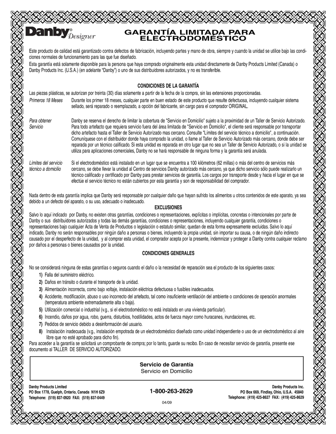 Danby DCR122BSLDD manual Garantía Limitada Para Electrodoméstico 