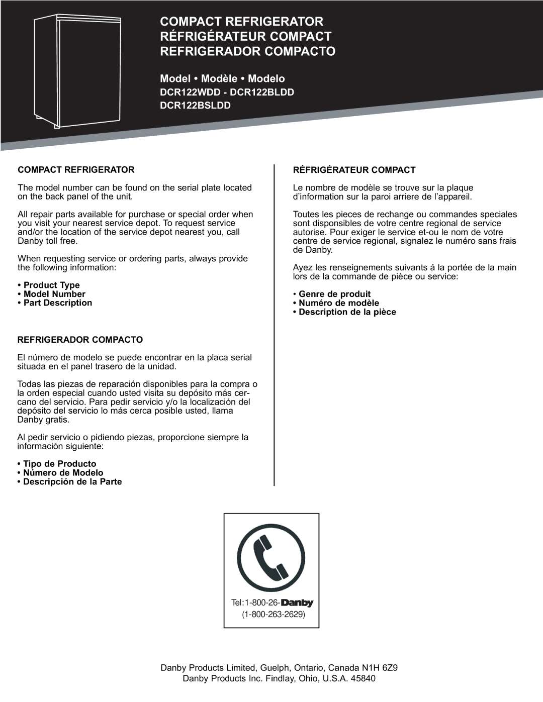 Danby DCR122BSLDD Product Type Model Number Part Description, Tipo de Producto Número de Modelo Descripción de la Parte 