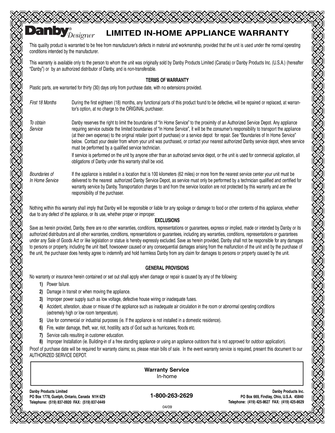 Danby DCR122BSLDD manual Limited IN-HOME Appliance Warranty 