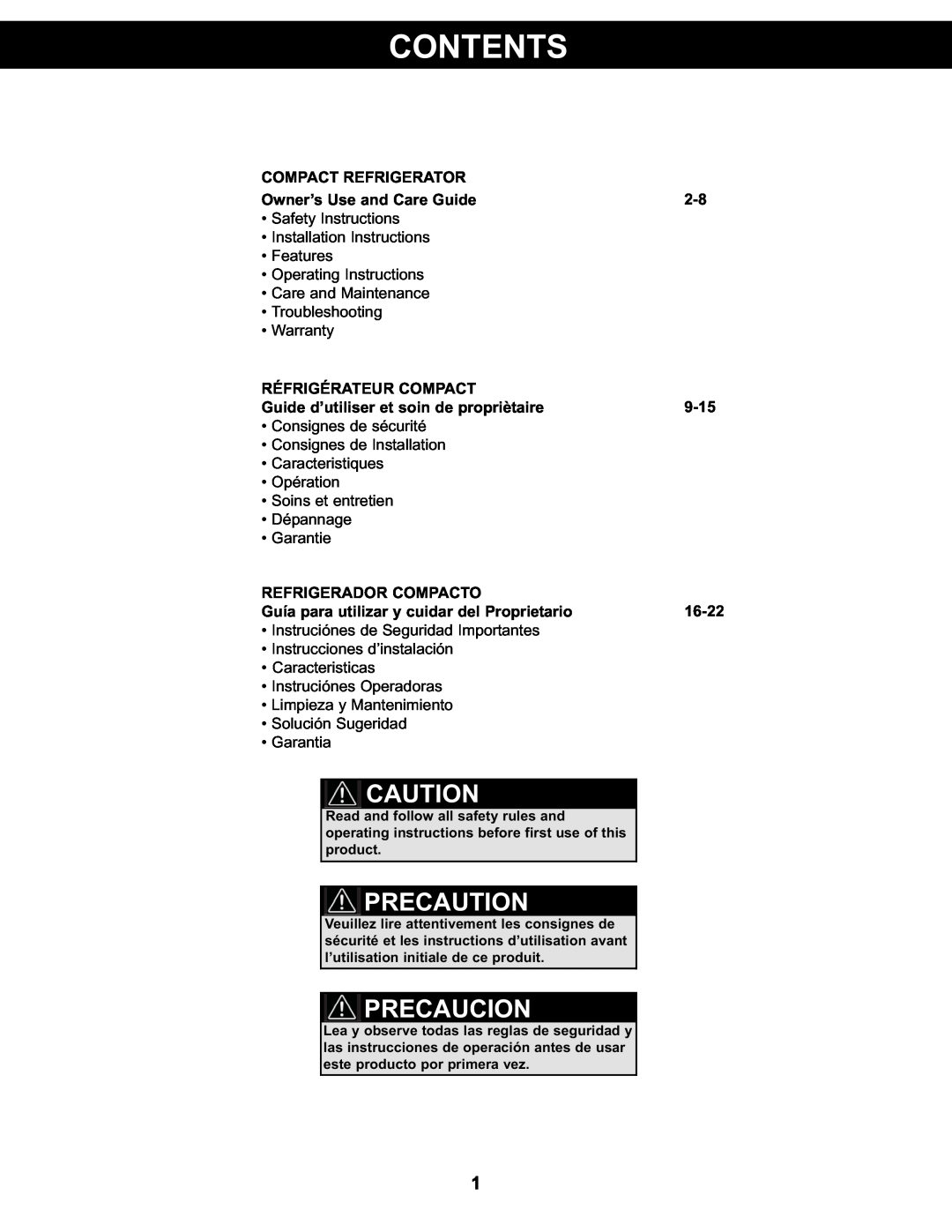 Danby DCR122BSLDD manual Contents, Precaution, Precaucion, Compact Refrigerator, Owner’s Use and Care Guide, 9-15, 16-22 