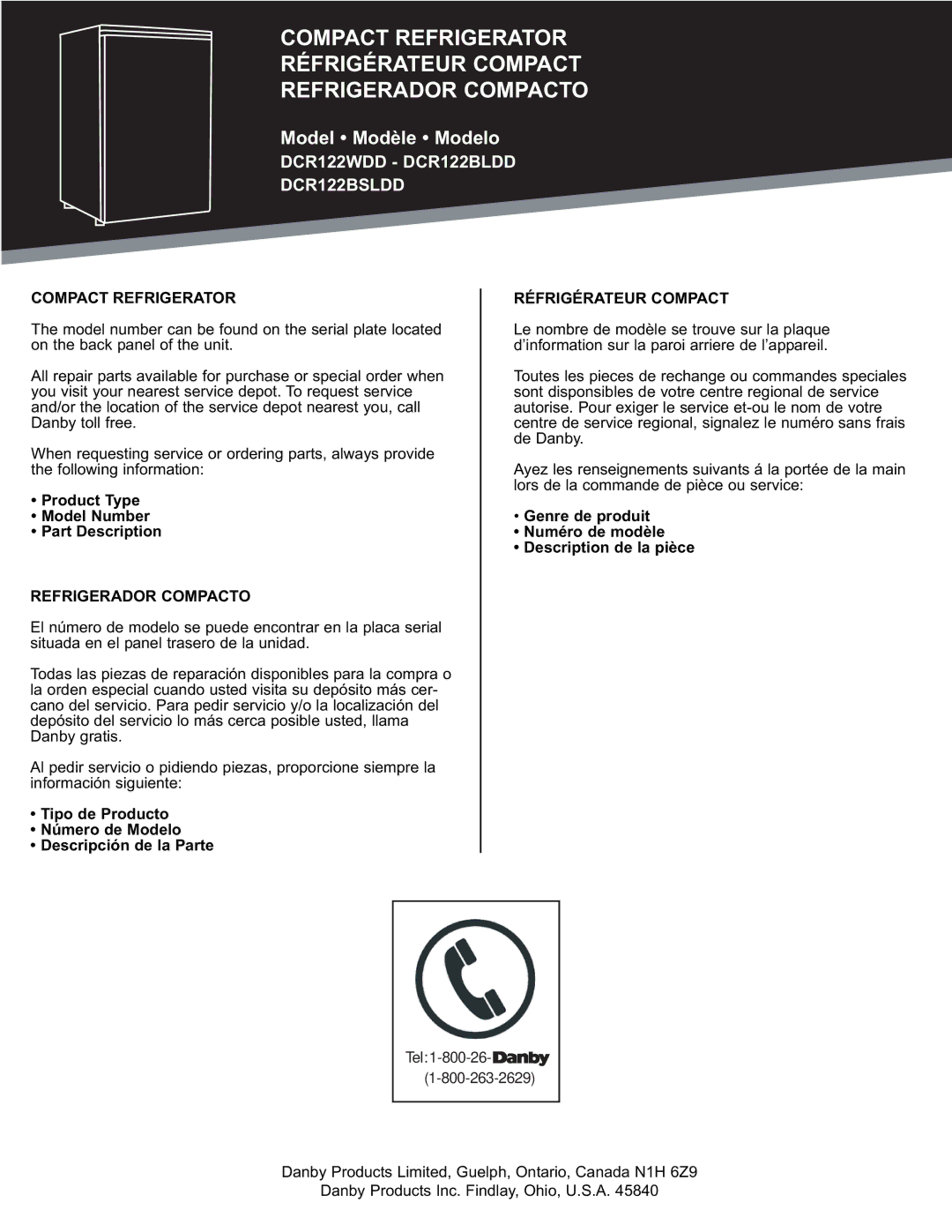 Danby DCR122WDD Product Type Model Number Part Description, Tipo de Producto Número de Modelo Descripción de la Parte 