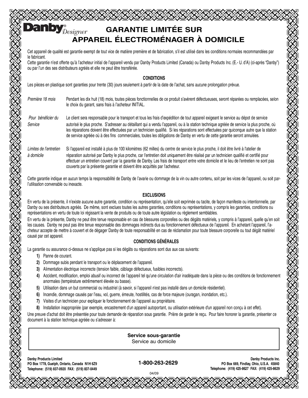 Danby DCR122WDD manual Garantie Limitée SUR Appareil Électroménager À Domicile 