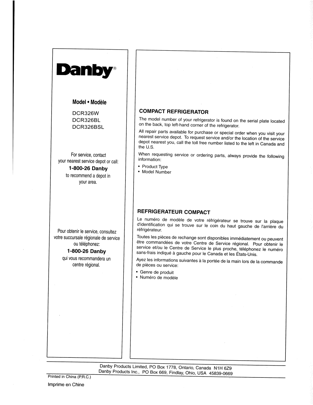 Danby DCR326WSL, DCR326WL manual 