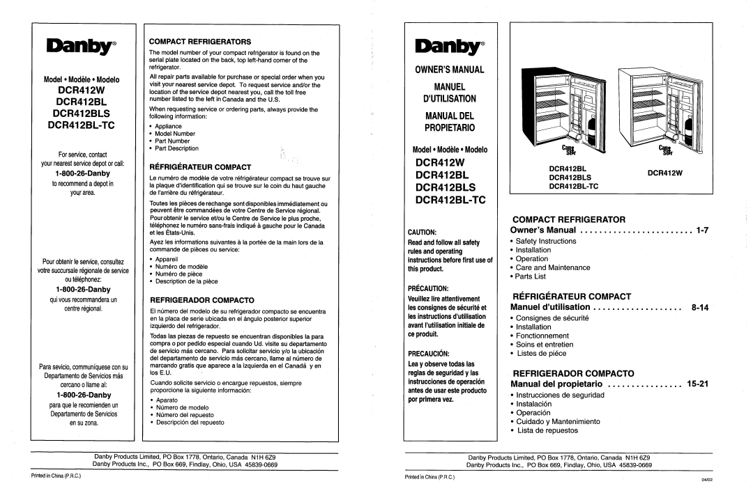Danby DCR412BL-TC, DCR412BLS, DCR412W manual 