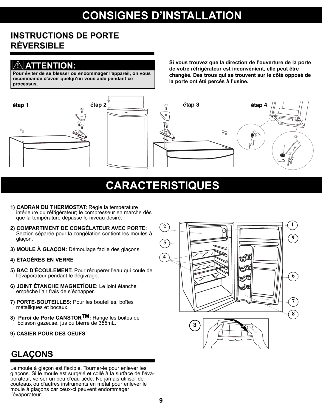 Danby DCR88WDD manual Caracteristiques, Instructions DE Porte Réversible, Glaçons, Étagères EN Verre, Casier Pour DES Oeufs 